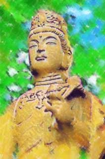 Illust, materieel, vrij, landschap, schilderstuk, schilderstuk, kleuren potlood, crayon, werkje,De heilige berg tempel matchmaking Kannon, Stenig standbeeld, Boeddhisme, De Kannon, Ishibotoke
