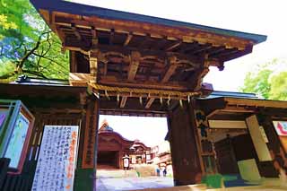 illustration,material,free,landscape,picture,painting,color pencil,crayon,drawing,Kompira-san Shrine study entrance, Shinto shrine Buddhist temple, , wooden building, Shinto