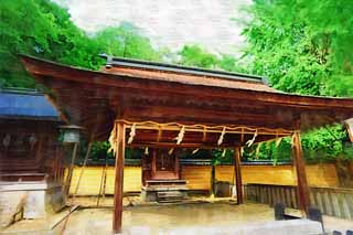 Illust, materieel, vrij, landschap, schilderstuk, schilderstuk, kleuren potlood, crayon, werkje,Kompira-san Heiligdom, Shinto heiligdom Boeddhist tempel, Bedrijf, Van hout gebouw, Shinto