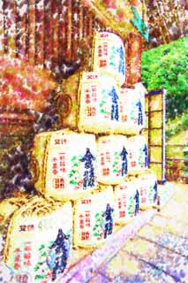 illustration,material,free,landscape,picture,painting,color pencil,crayon,drawing,Casked liquor, Sake, Liquor, barrel, Shinto