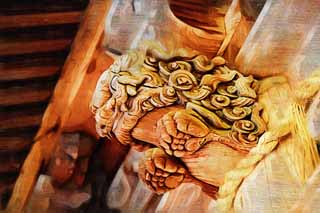 illustration,material,free,landscape,picture,painting,color pencil,crayon,drawing,Kompira-san Shrine lion sculpture, Shinto shrine Buddhist temple, company, lion, Shinto