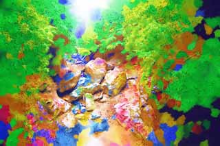 illustration,material,free,landscape,picture,painting,color pencil,crayon,drawing,Rainy ravine, huge stone, river, forest, Ravine