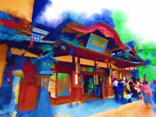 illustration,material,free,landscape,picture,painting,color pencil,crayon,drawing,Dogo Onsen, bathhouse, roof, bamboo blind, yukata