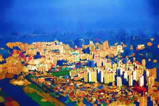 illustration,material,free,landscape,picture,painting,color pencil,crayon,drawing,Building group of Seoul, building, An aerial photograph, housing complex, An office building