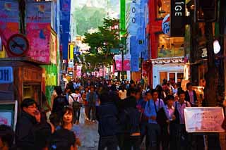 illust, matire, libre, paysage, image, le tableau, crayon de la couleur, colorie, en tirant,Ligne de maisons le long d'une rue de ville de Myondong, Non, foule, restaurant, rue