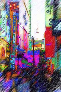 illustration,material,free,landscape,picture,painting,color pencil,crayon,drawing,Row of houses along a city street of Myondong, Neon, crowd, restaurant, street