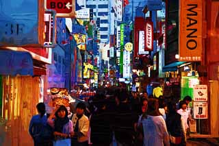 illustration,material,free,landscape,picture,painting,color pencil,crayon,drawing,Row of houses along a city street of Myondong, Neon, crowd, restaurant, street