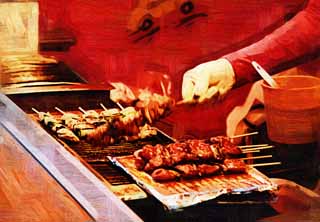 illustration,material,free,landscape,picture,painting,color pencil,crayon,drawing,The stand of the barbecued chicken, barbecued chicken, , , Sauce