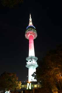 photo,material,free,landscape,picture,stock photo,Creative Commons,N Seoul tower, An electric wave tower, N Seoul tower, night view, Red