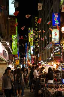 photo,material,free,landscape,picture,stock photo,Creative Commons,Row of houses along a city street of Myondong, Neon, drugstore, restaurant, street