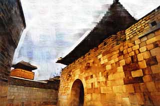 illustration,material,free,landscape,picture,painting,color pencil,crayon,drawing,A sinter west gate, castle, flag, brick, castle wall