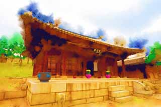 illustration,material,free,landscape,picture,painting,color pencil,crayon,drawing,Unkankaku of sinter Yasushi, I am superabundant, Hwaseong Fortress, wooden building, world heritage