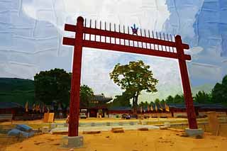 illustration,material,free,landscape,picture,painting,color pencil,crayon,drawing,Hwaseong Fortress temporary palace entrance, Chan GUM, The gate, low-breed horse monument, government office