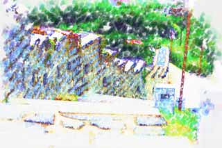 illustration,material,free,landscape,picture,painting,color pencil,crayon,drawing,The castle wall of Hwaseong Fortress, castle, stone pavement, tile, castle wall