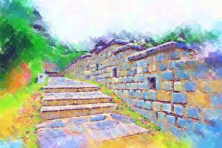 illust, materiale, libero panorama, ritratto dipinto, matita di colore disegna a pastello, disegnando,Il muro di castello di Fortezza di Hwaseong, castello, prenda a sassate pavimentazione, tegola, muro di castello