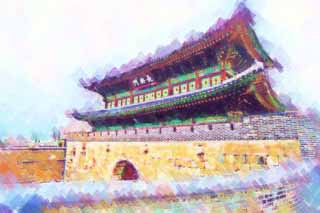 illust, materiell, befreit, Landschaft, Bild, Gemlde, Farbbleistift, Wachsmalstift, Zeichnung,,De Chang'an poort, Burg, Fahne, Backstein, Burgmauer