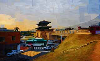 illustration,material,free,landscape,picture,painting,color pencil,crayon,drawing,The Chang'an gate, castle, flag, brick, castle wall