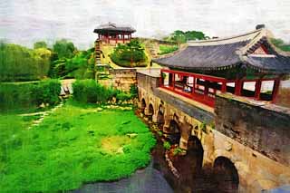 illustration,material,free,landscape,picture,painting,color pencil,crayon,drawing,Sinter rainbow gate and BangWhaSuRyuJung, castle, river, brick, castle wall