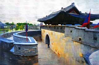 illust, material, livram, paisagem, quadro, pintura, lpis de cor, creiom, puxando,ChangRyong-porto, castelo, bandeira, tijolo, parede de castelo