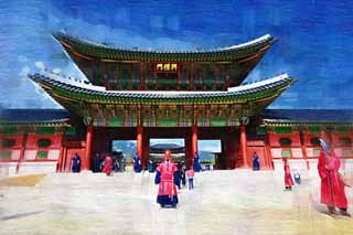 illustration,material,free,landscape,picture,painting,color pencil,crayon,drawing,Heunginjimun of Kyng-bokkung, gate built between the main gate and the main house of the palace-styled architecture in the Fujiwara period, Folk costume, The traditional royal guards, wooden building