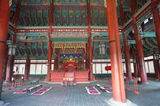 photo,material,free,landscape,picture,stock photo,Creative Commons,An Emperor's chair of Kunjongjon, wooden building, world heritage, King, cushion
