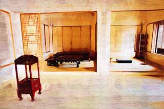 illust, material, livram, paisagem, quadro, pintura, lpis de cor, creiom, puxando,O quarto de Kyng-bokkung, cama, shoji, mesa, 