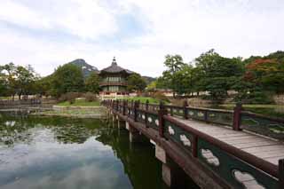 Foto, materieel, vrij, landschap, schilderstuk, bevoorraden foto,Hyangwonjeong van Kyng-bokkung, Van hout gebouw, Wereld heritage, Een doorn, Suiko Bruggen