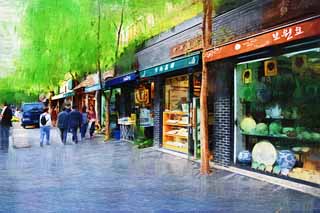 illustration,material,free,landscape,picture,painting,color pencil,crayon,drawing,Insadong, gallery, Tradition, restaurant, stone pavement