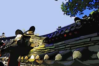 Illust, materieel, vrij, landschap, schilderstuk, schilderstuk, kleuren potlood, crayon, werkje,Een dakpan van Shrine For Kongmin-wang, Saiku, Maaltijd bediend bij een tempel kamer, Festiviteit bekleedt, Godsdienstige dienst