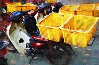 illustration,material,free,landscape,picture,painting,color pencil,crayon,drawing,The energy that I put in the carrier, motorcycle, , Delivery, 