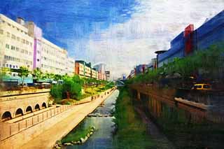 illustration,material,free,landscape,picture,painting,color pencil,crayon,drawing,Crystal rill River, Crystal rill River, building, city, waterside