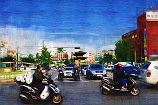 illustration,material,free,landscape,picture,painting,color pencil,crayon,drawing,Dongdaemun and traffic, The interest Hitoshi gate, signal, motorcycle, helmet
