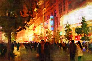 illust, materiale, libero panorama, ritratto dipinto, matita di colore disegna a pastello, disegnando,Wangfujing Street in serata, Neon, Il cinese, Traffico, Albero della strada