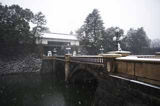 photo,material,free,landscape,picture,stock photo,Creative Commons,Snow Double Bridge, Moat, Palace, Imperial Guard, Snowfall