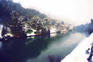 illustration,material,free,landscape,picture,painting,color pencil,crayon,drawing,Snow moat of the Imperial Palace, Moat, Palace, Imperial Guard, Snowfall