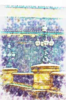 illust, matire, libre, paysage, image, le tableau, crayon de la couleur, colorie, en tirant,De la neige lgre double pont, Lanterne, Palais, Lampe, Chute de neige