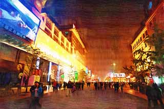 illust, materiell, befreit, Landschaft, Bild, Gemlde, Farbbleistift, Wachsmalstift, Zeichnung,,Wangfujing-Strae in den Abend, Neon, Chinesisch, Verkehr, Baum an der Strae