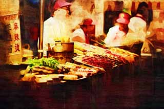 illustration,material,free,landscape,picture,painting,color pencil,crayon,drawing,Yasushi Azuma Gate Street stalls, Stalls, Food, Food culture, Merchants