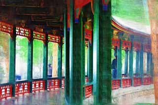 Illust, materieel, vrij, landschap, schilderstuk, schilderstuk, kleuren potlood, crayon, werkje,Summer Palace lange corridor, Decoratie, Liang, Inkt Schilderstukken, Groen