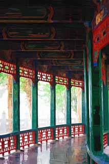 Illust, materieel, vrij, landschap, schilderstuk, schilderstuk, kleuren potlood, crayon, werkje,Summer Palace lange corridor, Decoratie, Liang, Inkt Schilderstukken, Groen