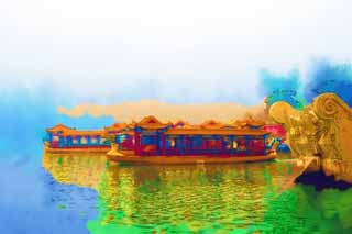 Illust, materieel, vrij, landschap, schilderstuk, schilderstuk, kleuren potlood, crayon, werkje,De Summer Palace woonboot, Schip, Bezoekende touristenplaats boot, Draak, Excursie Schip