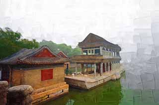 illustration,material,free,landscape,picture,painting,color pencil,crayon,drawing,Summer Palace of the Qing Yan Fang, Ship, Regal, Building water, 