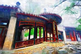 Illust, materieel, vrij, landschap, schilderstuk, schilderstuk, kleuren potlood, crayon, werkje,Summer Palace corridor, Decoratie, Liang, Doorn, Groen