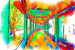 Illust, materieel, vrij, landschap, schilderstuk, schilderstuk, kleuren potlood, crayon, werkje,Summer Palace lange corridor, Decoratie, Liang, Inkt Schilderstukken, Groen