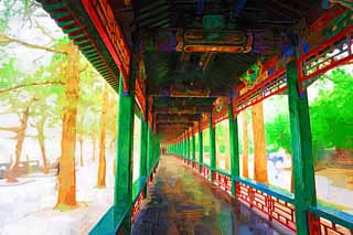 illustration,material,free,landscape,picture,painting,color pencil,crayon,drawing,Summer Palace long corridor, Decoration, Liang, Ink Paintings, Green