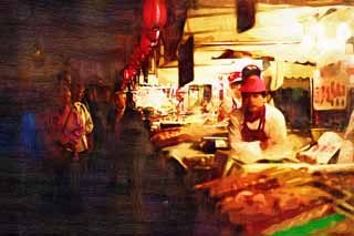 illustration,material,free,landscape,picture,painting,color pencil,crayon,drawing,Yasushi Azuma Gate Street stalls, Stalls, Food, Food culture, Merchants