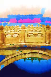 illustration,material,free,landscape,picture,painting,color pencil,crayon,drawing,Forbidden City Mizuhashi Kon, River Water, Arch Bridge, Ishibashi, Long