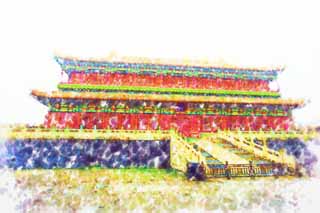 illust, materiell, befreit, Landschaft, Bild, Gemlde, Farbbleistift, Wachsmalstift, Zeichnung,,Forbidden City's Krper, Hitoshi Pavillon, Das hlzerne Gebude, , Palast, Ziegeldach