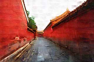 illustration,material,free,landscape,picture,painting,color pencil,crayon,drawing,Forbidden City passage, Zhu coating, Wall, Cobblestone, World Heritage