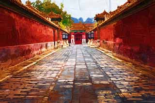 illust, materiell, befreit, Landschaft, Bild, Gemlde, Farbbleistift, Wachsmalstift, Zeichnung,,Forbidden City Passage, Zhu-berzug, Mauer, Kopfstein, Welterbe